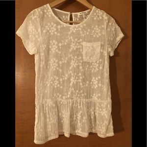 Monteau Sz M White Sheer Peplum Floral Top